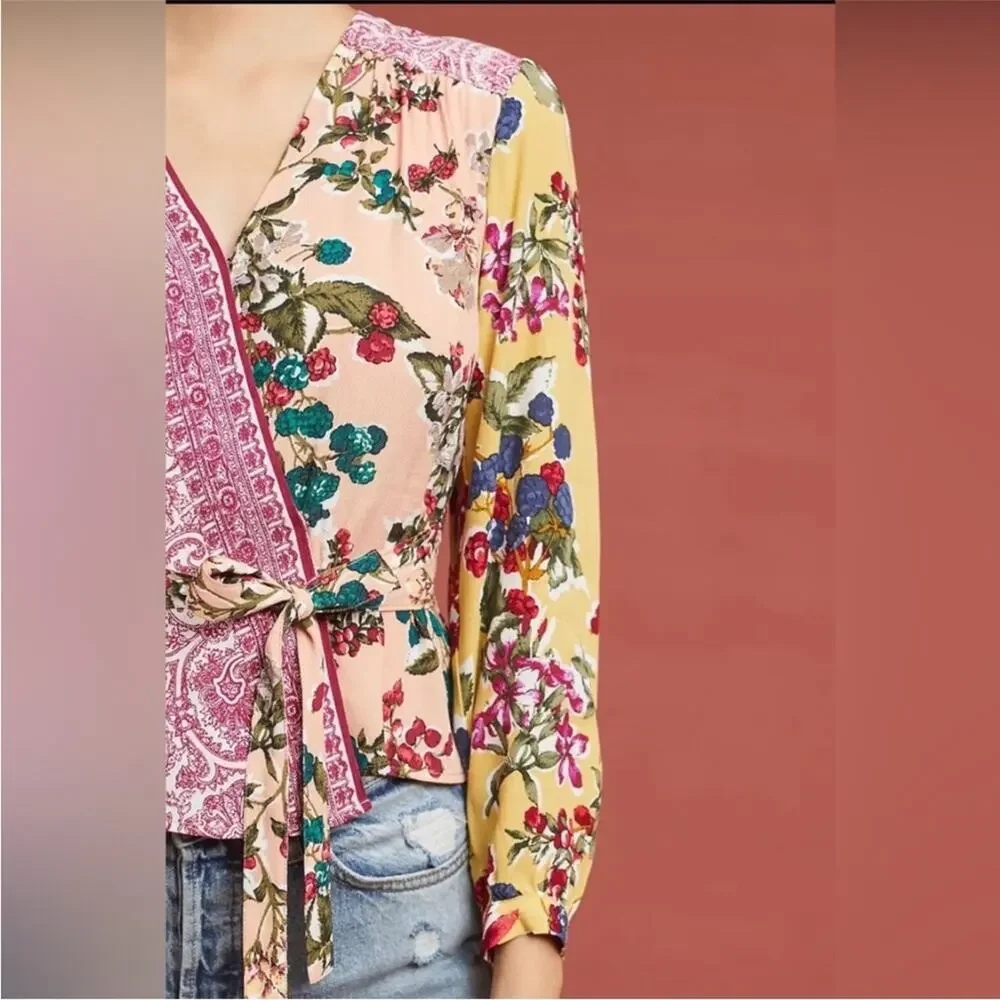Anthropologie Meadow Rue yellow pink mixed floral wrap front top size 6 - Picture 2 of 16